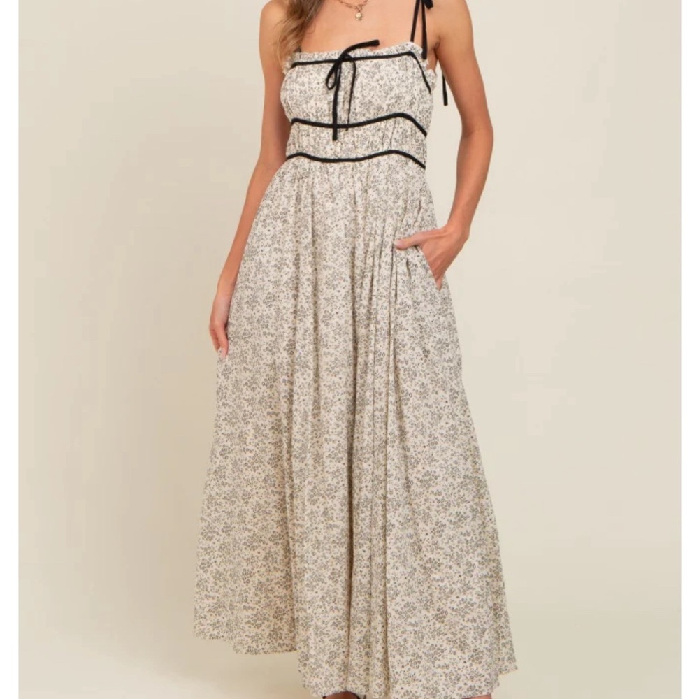 Pinkblush Cream Floral Contrast Ribbon Trim Maxi Dress